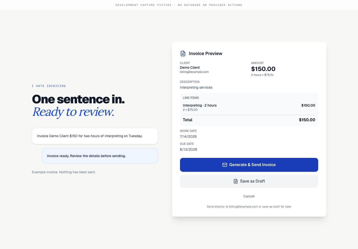 A Demo Client invoice ready for review, showing the $150 total and an unsent state